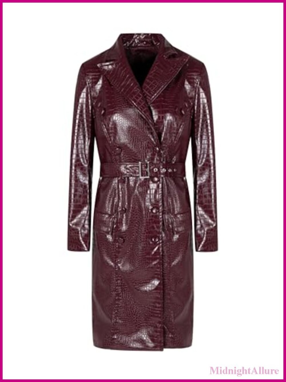Faux Leather Long Trench Jacket with Belt Women Button Front